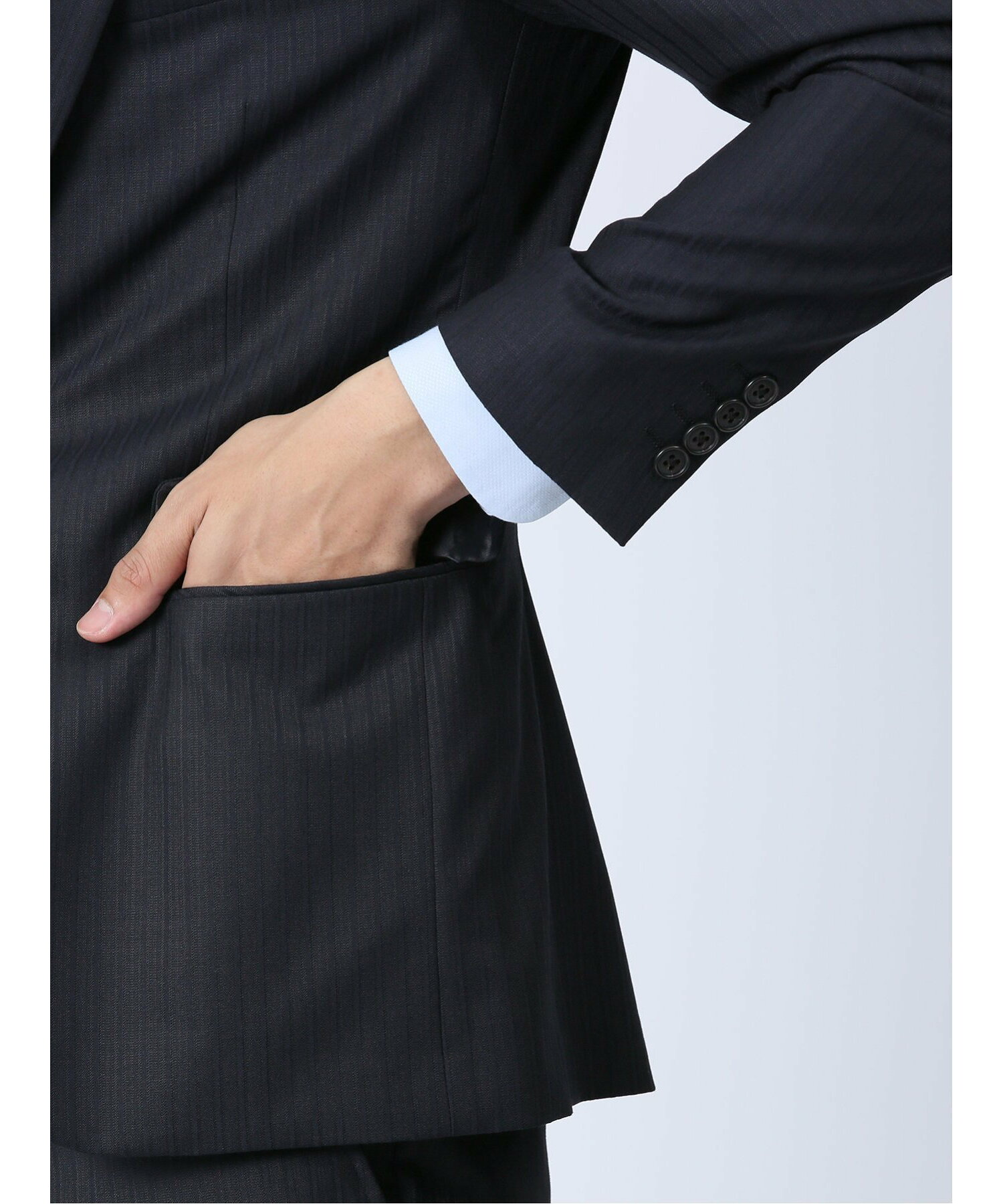 光沢ウール混 スリムフィット 2ボタン3ピーススーツ シャドーストライプ紺 セットアップ ジャケット ビジネス メンズ